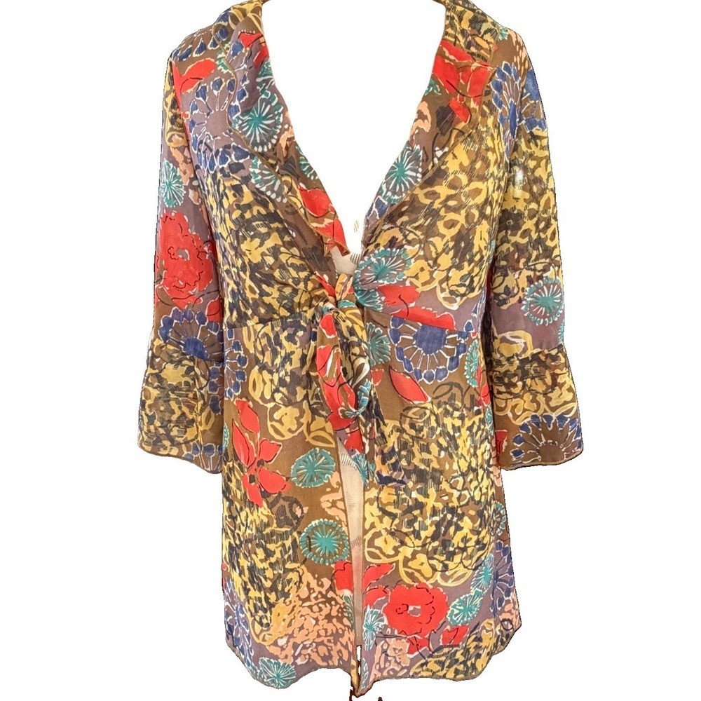 Cabi‎ Style 360 Small Sheer Cardigan Tie Front Abstract Floral Ruffle Cover Up